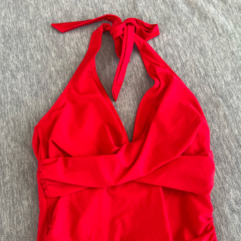 Swimsuit 1 piece red women S ruched halter tie pin up style swimwear summer new - Picture 3 of 7